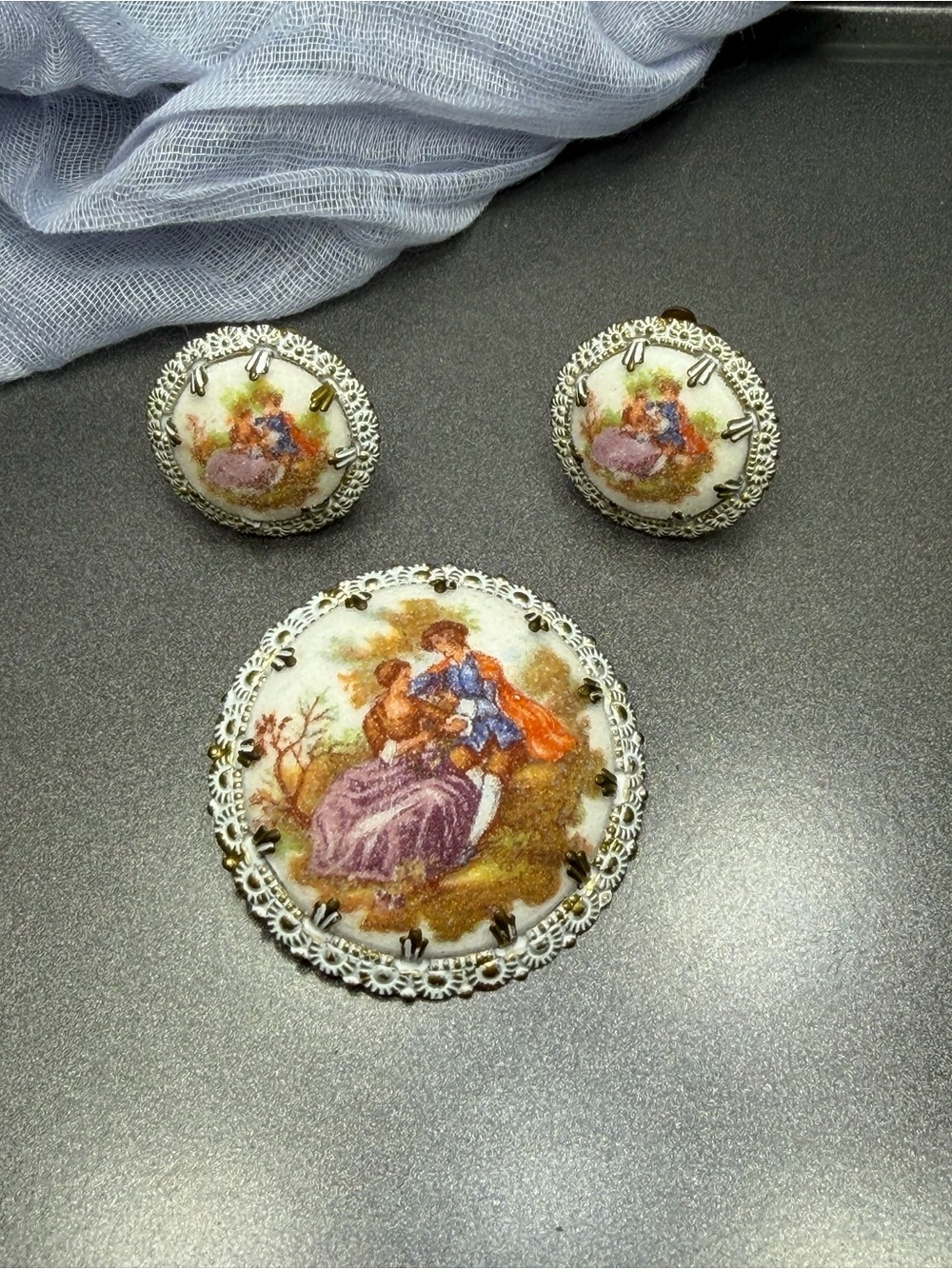Vintage Fragonard Sugared Brooch and Earrings West German #80set